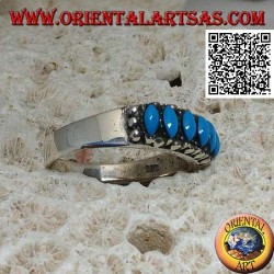 Bague en argent avec 6 cabochons navette turquoise entourés de boules