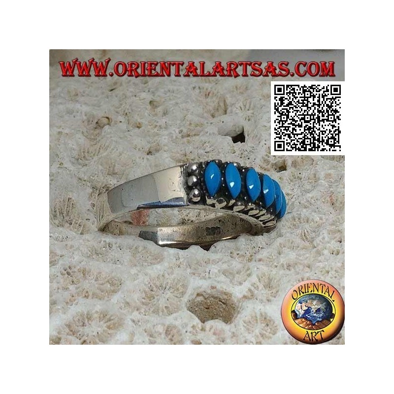 Anello in argento con 6 turchesi a navetta cabochon contornati da palline