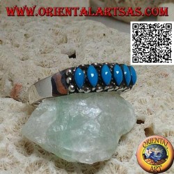 Anillo de plata con 6 lanzadera cabujón turquesa rodeado de bolas