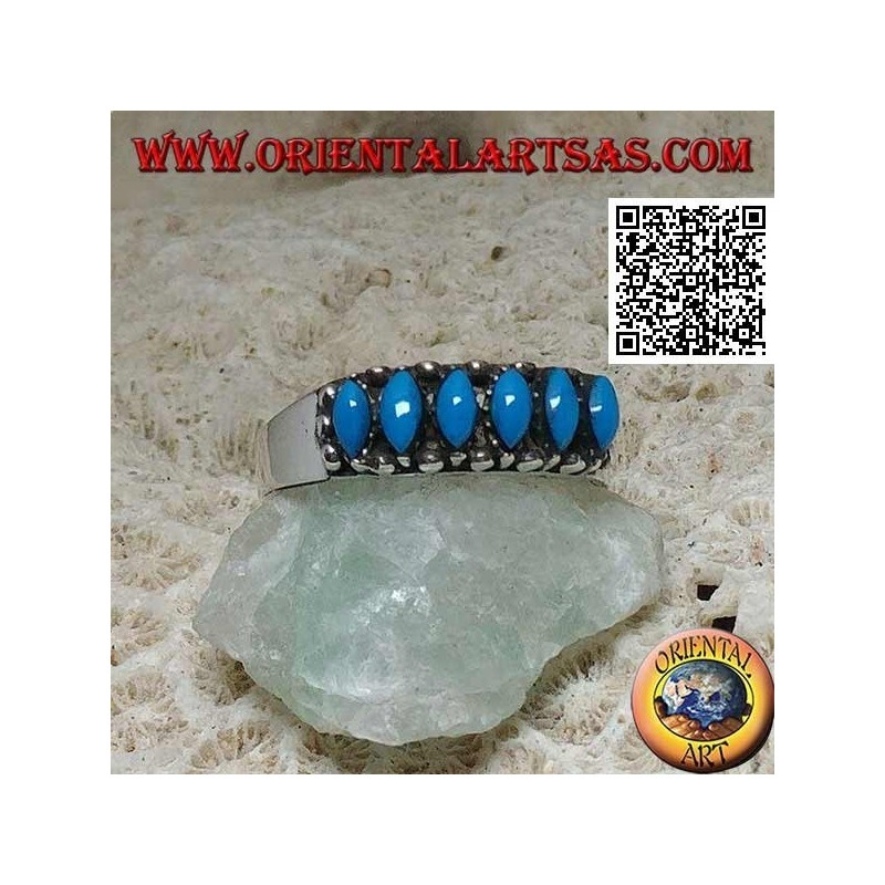 Silver ring with 6 cabochon shuttle turquoise surrounded by balls