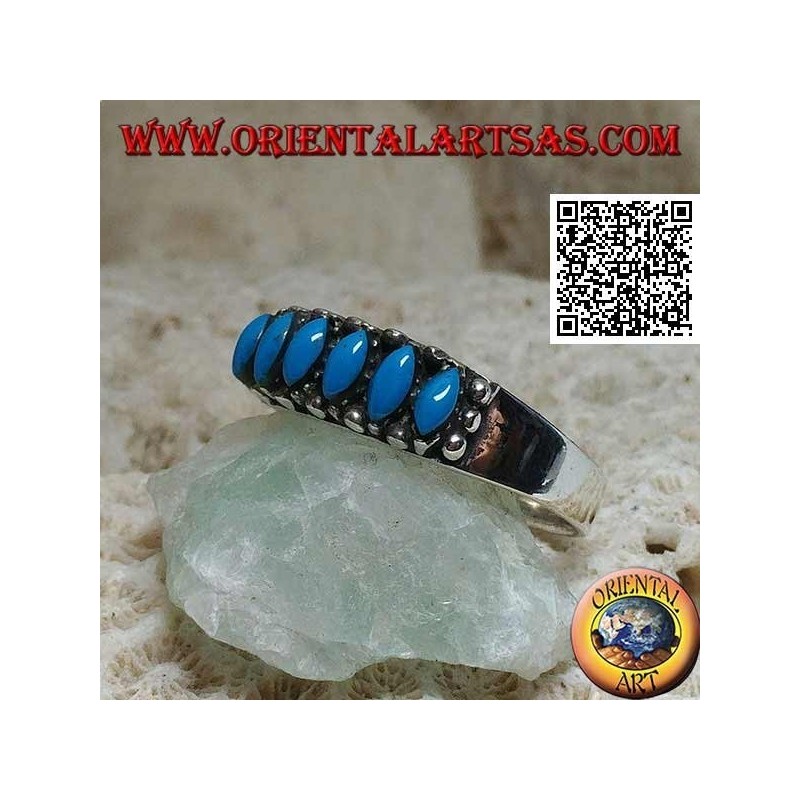 Bague en argent avec 6 cabochons navette turquoise entourés de boules