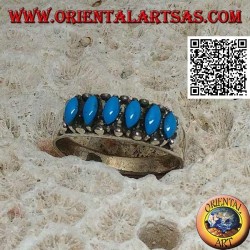 Silver ring with 6 cabochon shuttle turquoise surrounded by balls