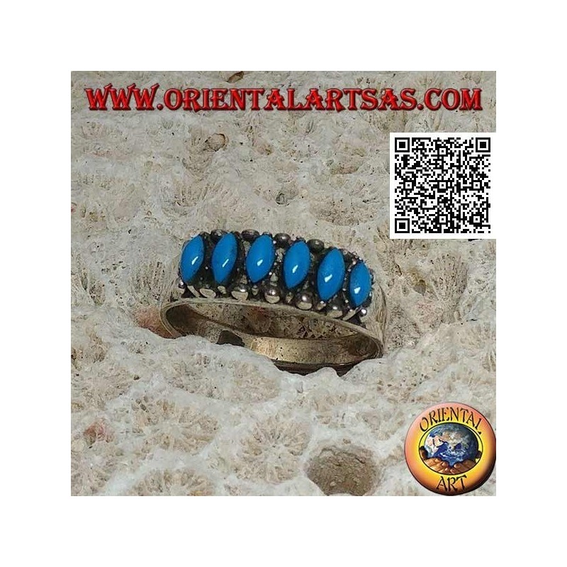 Anello in argento con 6 turchesi a navetta cabochon contornati da palline
