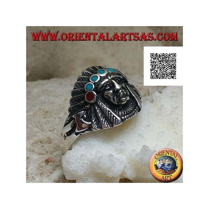 Silver ring, head of an American Indian with feather headdress and turquoise and coral discs