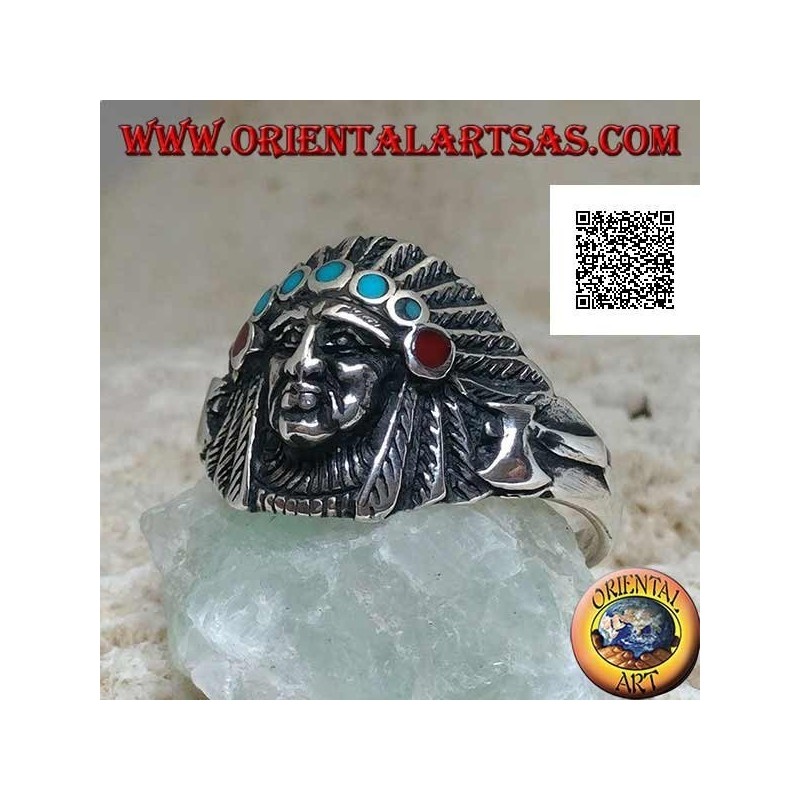Silberring, Kopf eines Indianers mit Federkopfschmuck und türkisfarbenen und korallenroten Scheiben