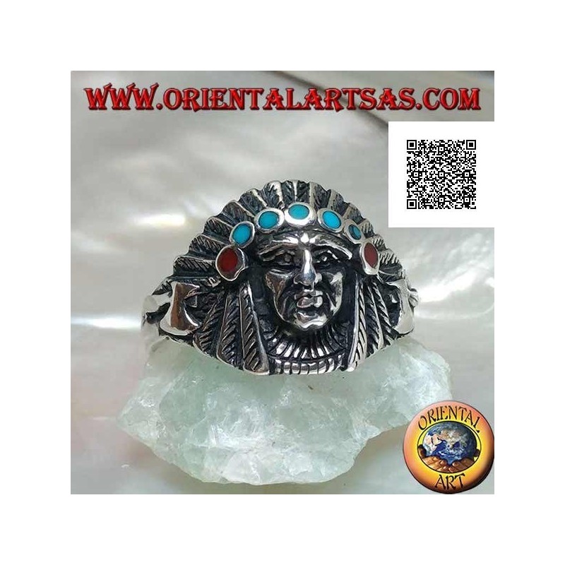 Silver ring, head of an American Indian with feather headdress and turquoise and coral discs
