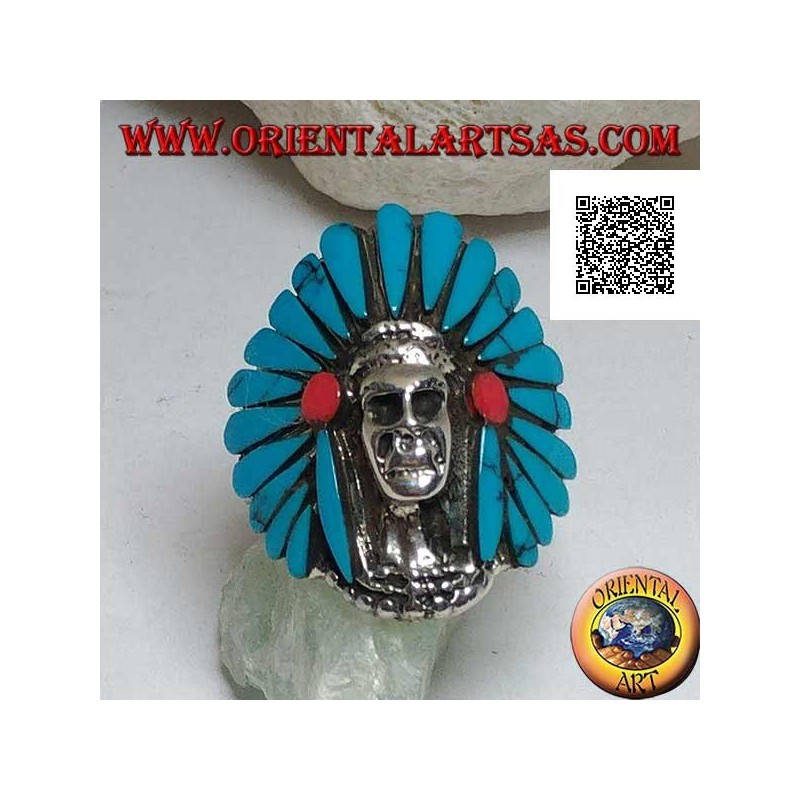 Silver ring, Native American Indian skull with turquoise feather headdress and coral discs