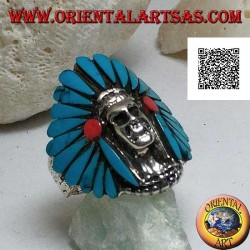 Silver ring, Native American Indian skull with turquoise feather headdress and coral discs