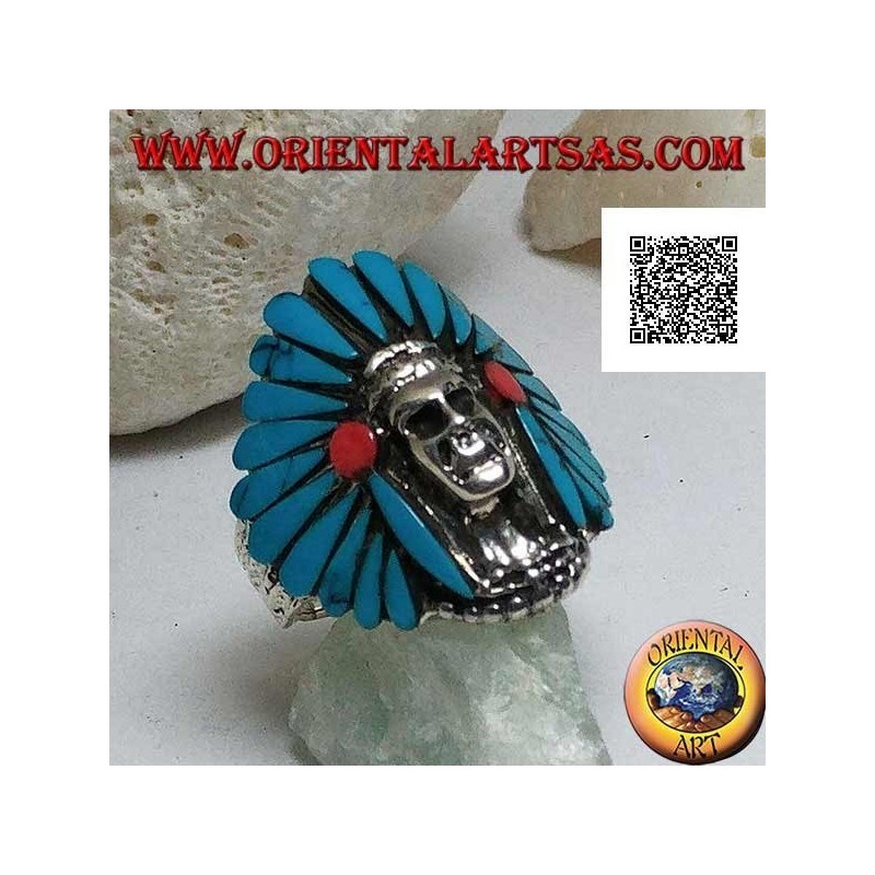 Silver ring, Native American Indian skull with turquoise feather headdress and coral discs