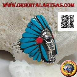 Bague en argent, crâne indien amérindien avec coiffe de plumes turquoise et disques de corail