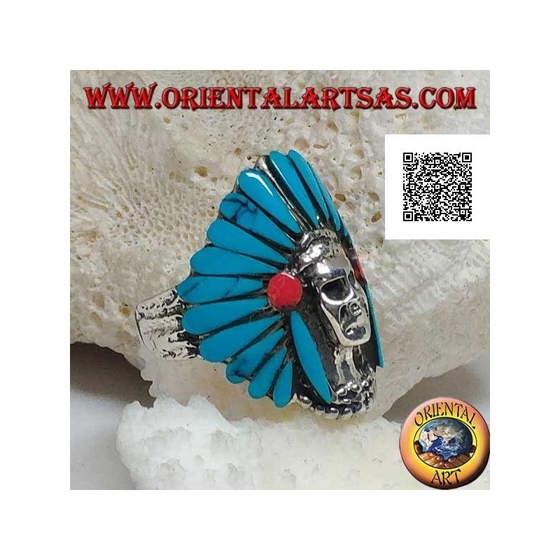 Silberring, indianischer Schädel mit türkisfarbenem Federkopfschmuck und Korallenscheiben