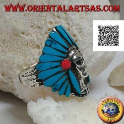 Silver ring, Native American Indian skull with turquoise feather headdress and coral discs