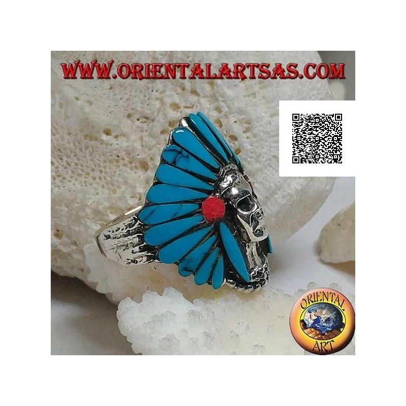 Anillo de plata, calavera de indio nativo americano con tocado de plumas turquesas y discos de coral