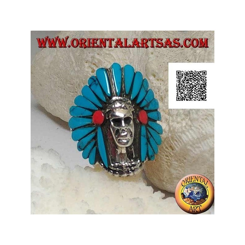Anillo de plata, calavera de indio nativo americano con tocado de plumas turquesas y discos de coral