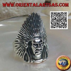 Silver Native American Indian head ring with tall feather headdress