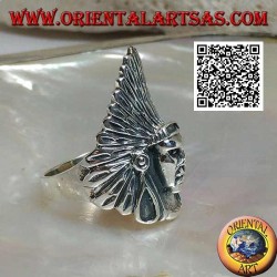 Silver Native American Indian head ring with tall feather headdress