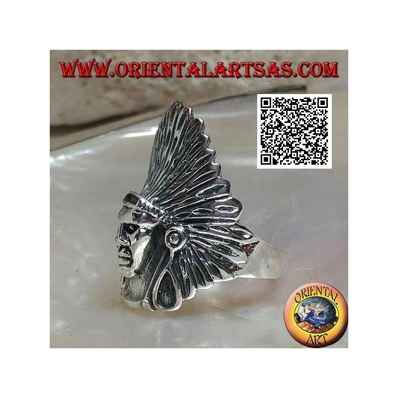 Anello in argento testa di un Indiano nativo d'America con copricapo di piume alto