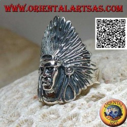 Silver Native American Indian head ring with tall feather headdress