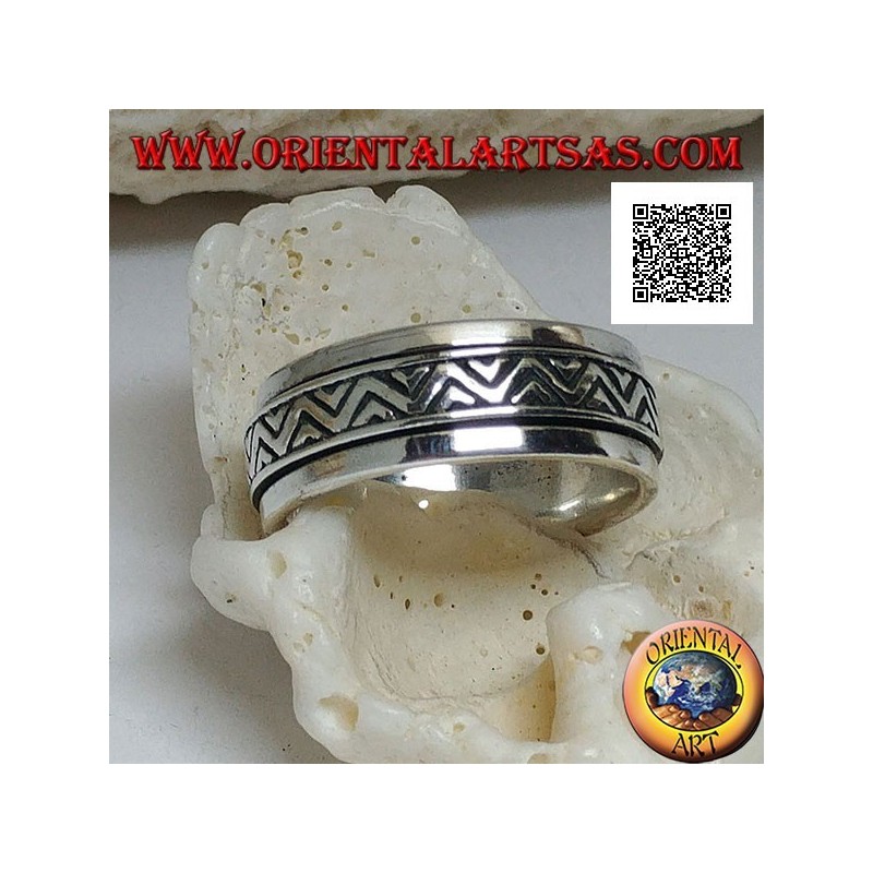 Anti-stress rotating silver ring, double broken line with engraved triangles