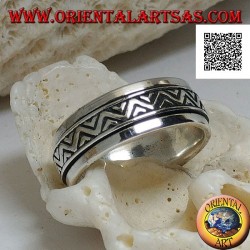 Anillo de plata giratorio antiestrés, doble línea discontinua con triángulos grabados