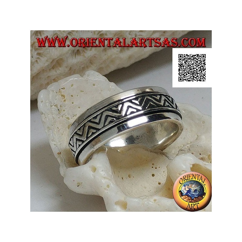 Anillo de plata giratorio antiestrés, doble línea discontinua con triángulos grabados