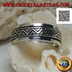 Anillo de plata giratorio antiestrés, doble línea discontinua con triángulos grabados