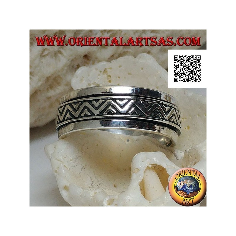 Anillo de plata giratorio antiestrés, doble línea discontinua con triángulos grabados