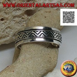 Anillo de plata giratorio antiestrés, doble línea discontinua con triángulos grabados