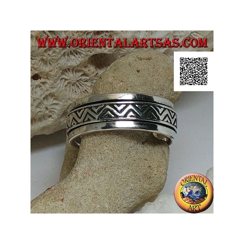 Bague en argent tournante anti-stress, double ligne brisée avec triangles gravés