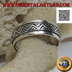 Anillo de plata giratorio antiestrés, doble línea discontinua con triángulos grabados