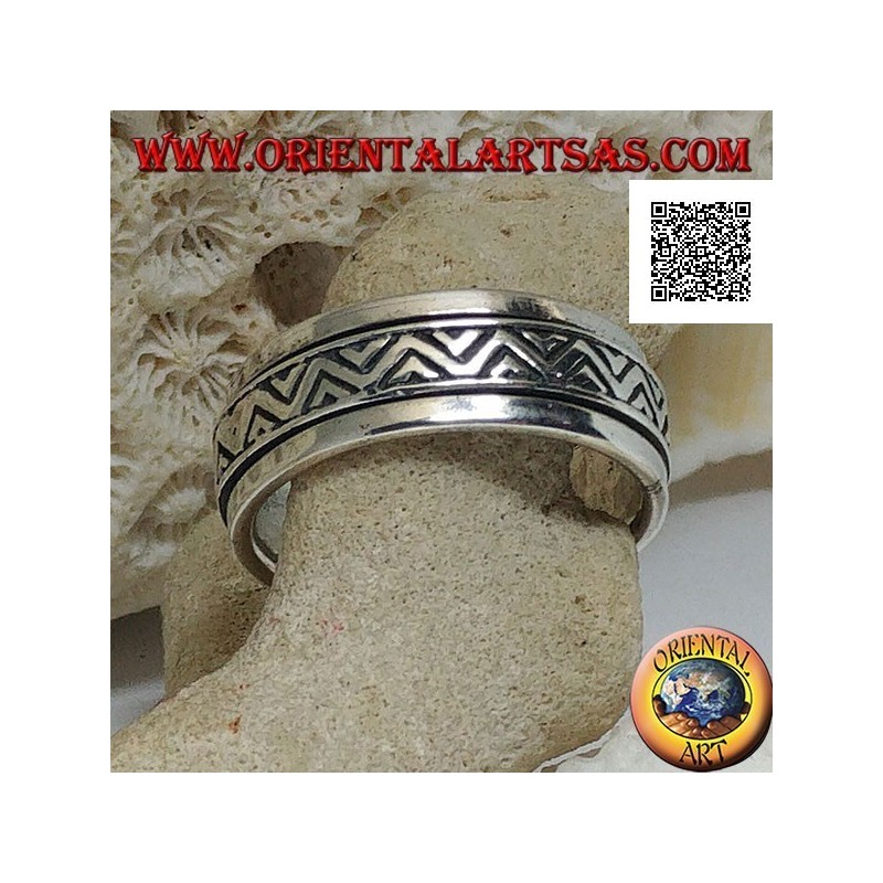 Bague en argent tournante anti-stress, double ligne brisée avec triangles gravés