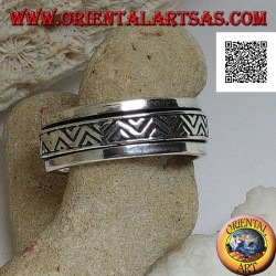 Anti-stress rotating silver ring, double broken line with engraved triangles