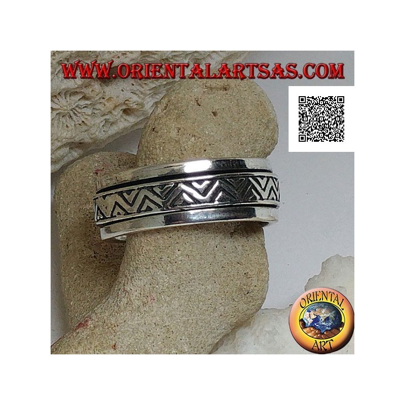 Anti-stress rotating silver ring, double broken line with engraved triangles