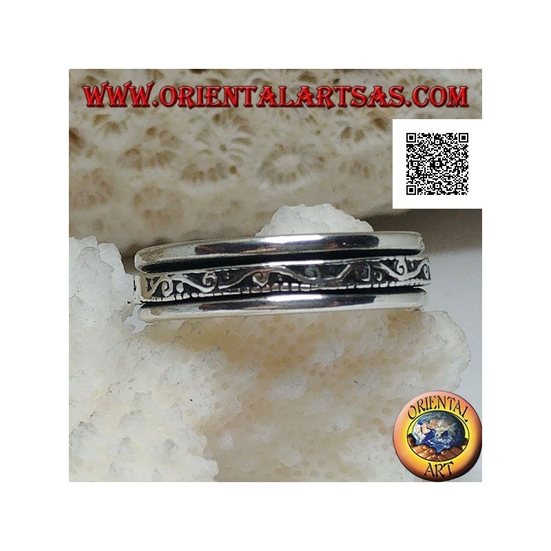 Anti-stress rotating silver band ring, wave with spirals in bas-relief