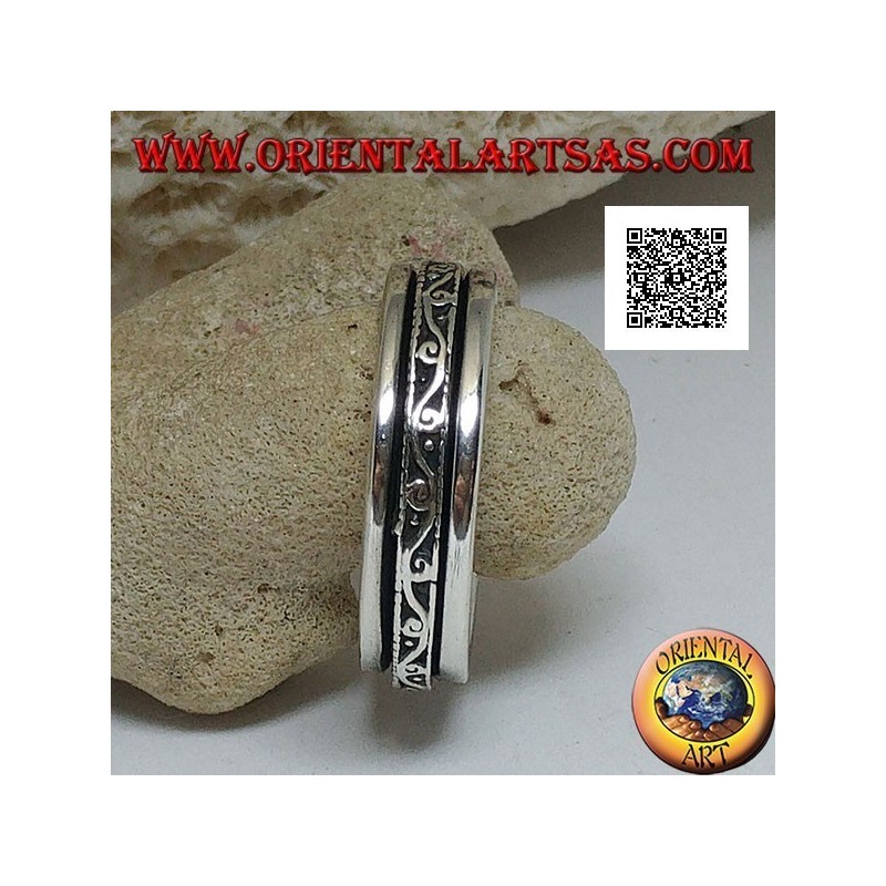 Anillo de plata giratorio antiestrés, ola con espirales en bajorrelieve