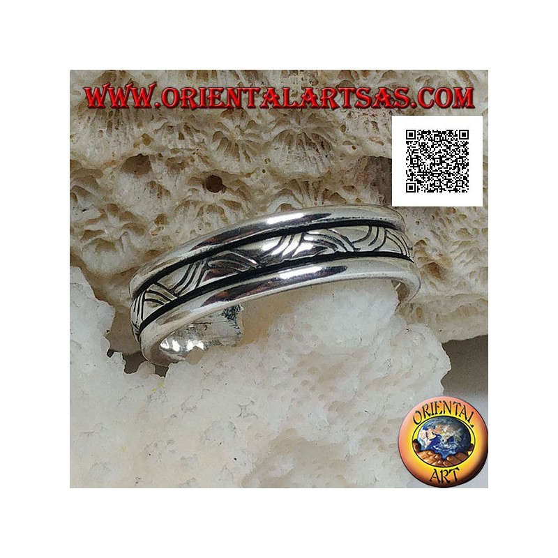 Anello fedina in argento girevole antistress, intreccio a tre linee incise