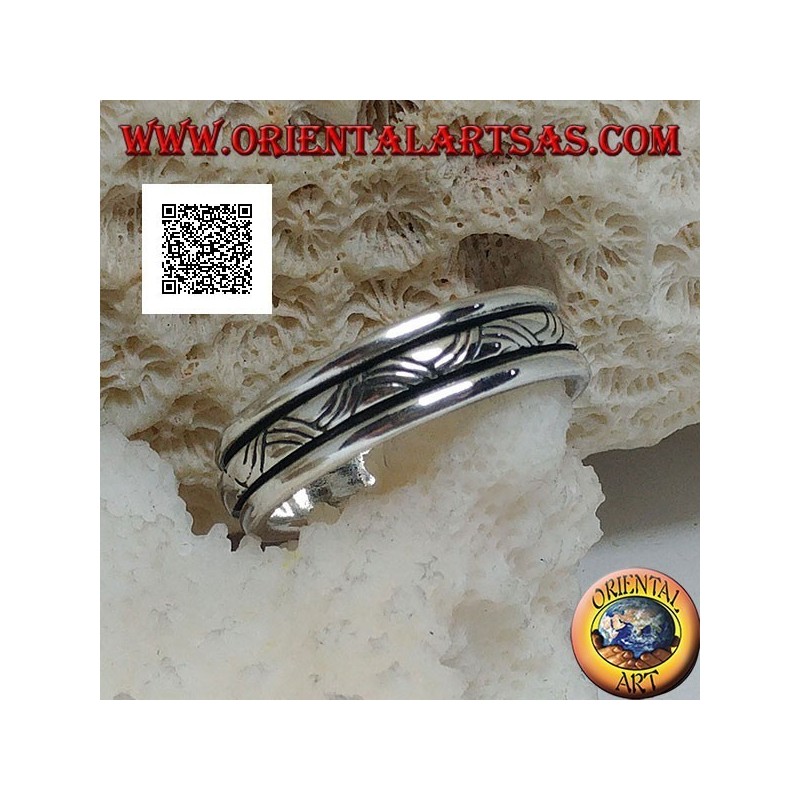 Anello fedina in argento girevole antistress, intreccio a tre linee incise