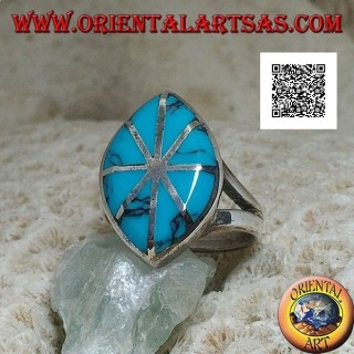 Bague navette en argent avec turquoise divisée en huit parties lignes argentées
