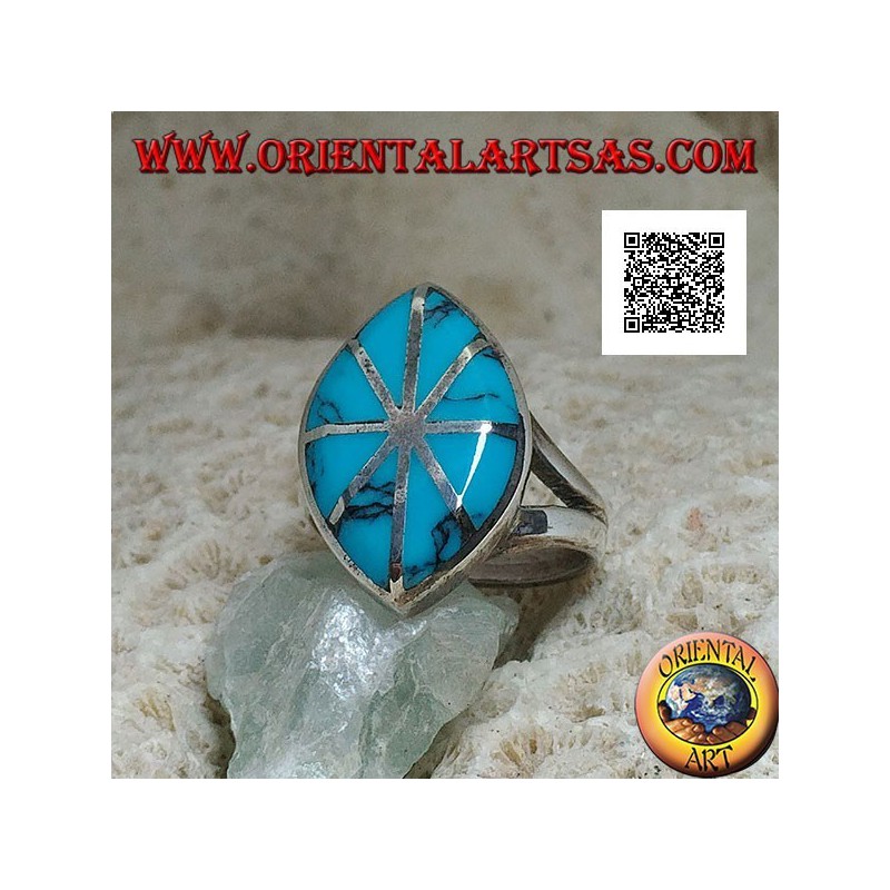 Silver shuttle ring with turquoise divided into eight parts silver lines