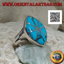 Bague navette en argent avec turquoise divisée en huit parties lignes argentées