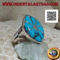 Silver shuttle ring with turquoise divided into eight parts silver lines
