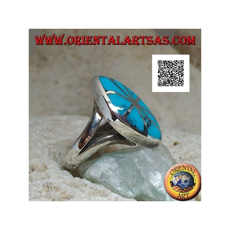 Bague navette en argent avec turquoise divisée en huit parties lignes argentées