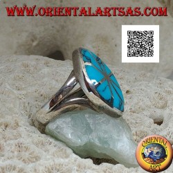 Bague navette en argent avec turquoise divisée en huit parties lignes argentées