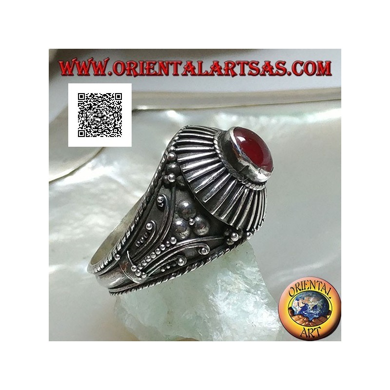 Handmade silver ring with oval cabochon carnelian surrounded by rays