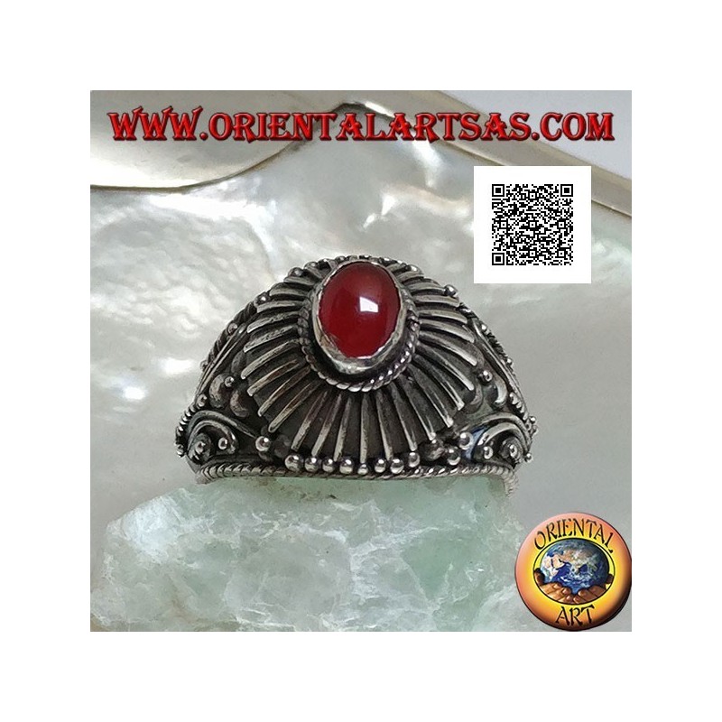 Handmade silver ring with oval cabochon carnelian surrounded by rays