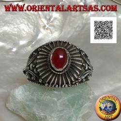 Handmade silver ring with oval cabochon carnelian surrounded by rays