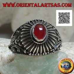 Handmade silver ring with oval cabochon carnelian surrounded by rays