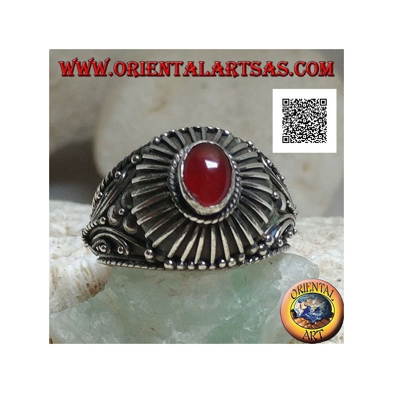 Handmade silver ring with oval cabochon carnelian surrounded by rays