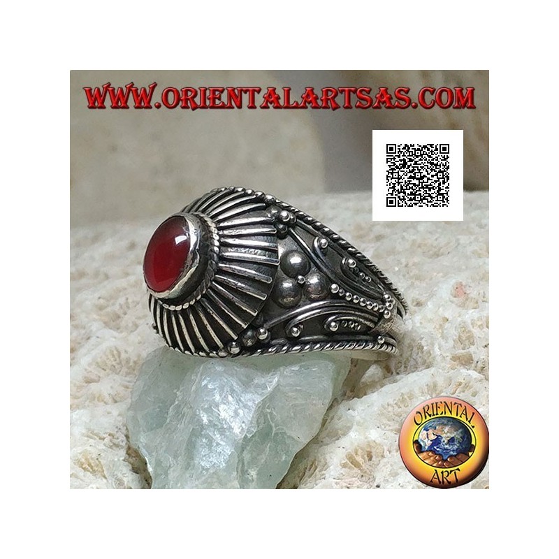 Handmade silver ring with oval cabochon carnelian surrounded by rays