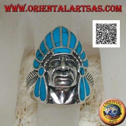 Silver ring, Native American Indian head with turquoise feather headdress and feather on the sides